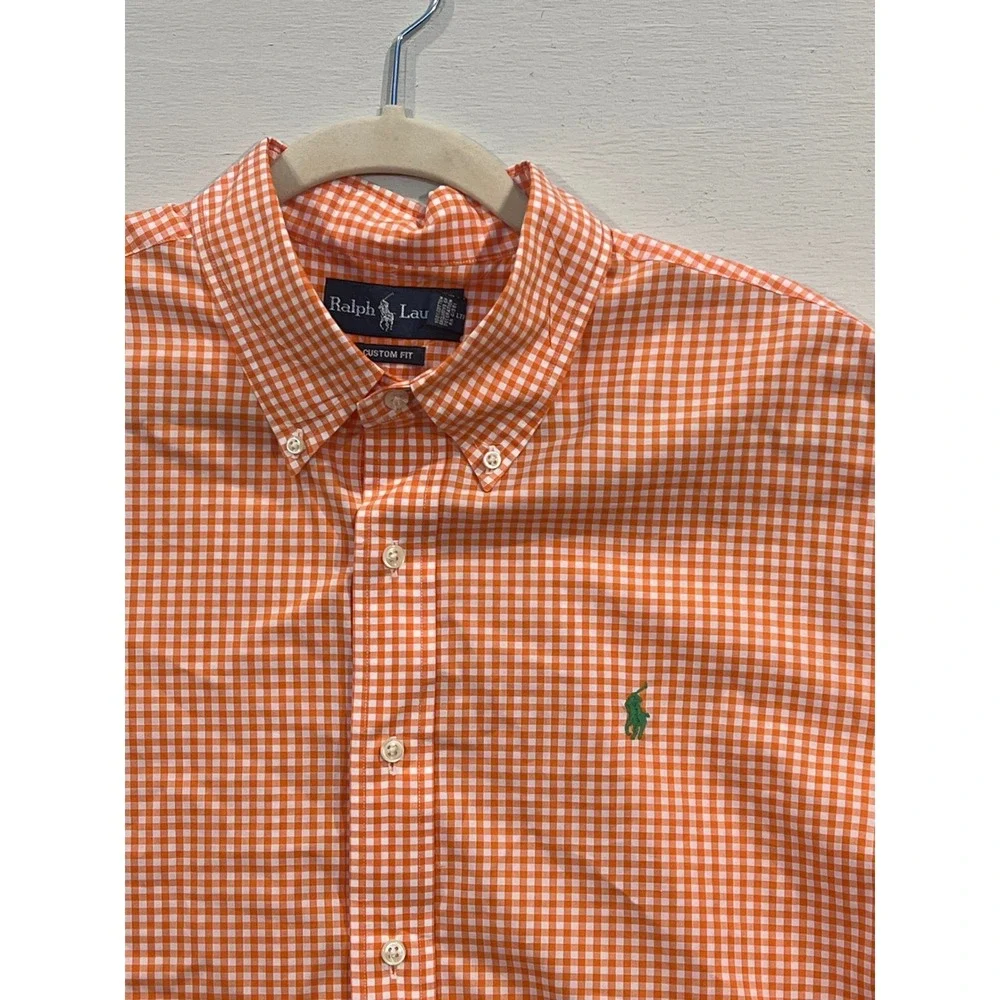 Ralph Lauren Mens Custom Fit Gingham Button Down Orange White XL Long Sleeve